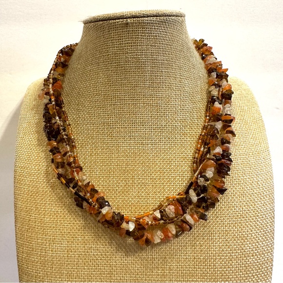 Multi-color Genuine Gemstone & Glass Bead Necklace multistrand, quartz carnelian - Picture 6 of 11
